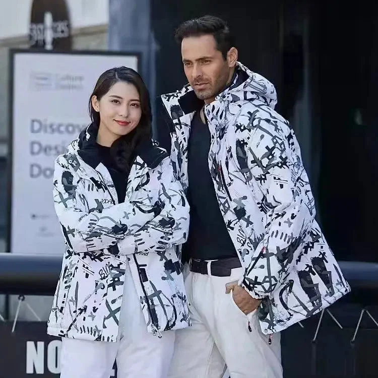 Matching Couple Graffiti Print Hooded Ski Cargo Jacket