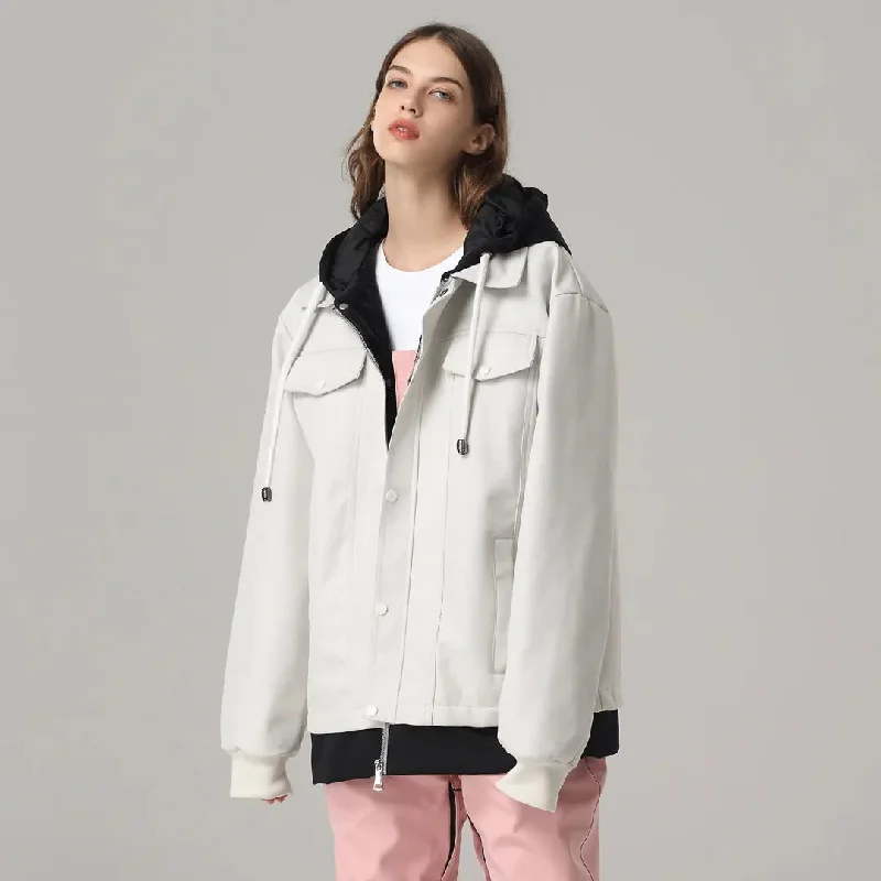 Unisex Contrast Hood Ski Jacket Multi-pocket Button-up Snowwear