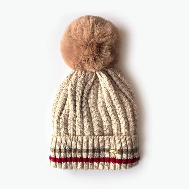 Charlie Fleece Lined Kids Beanie with Oversized Pom - Beige (Age 6-12)