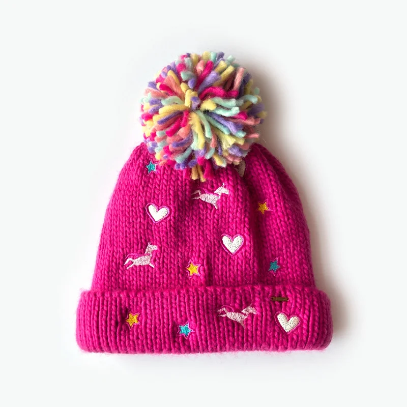 Harriet Embroidered Hearts Kids Beanie - Fuchsia (Age 3-6)