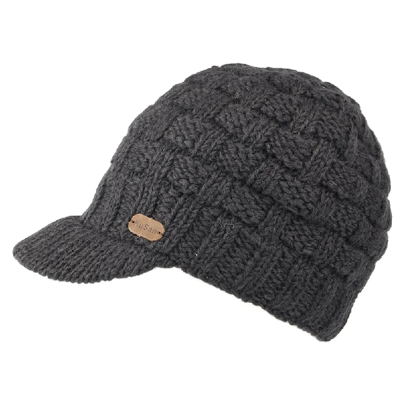 Kusan Basket Weave Peaked Beanie Hat - Charcoal