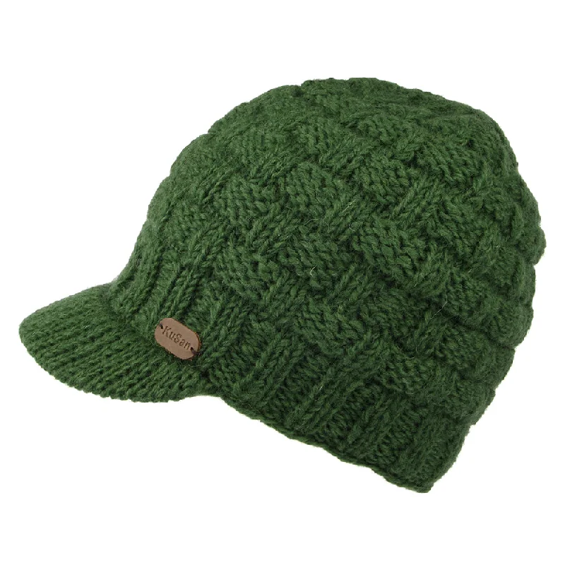 Kusan Basket Weave Peaked Beanie Hat - Olive