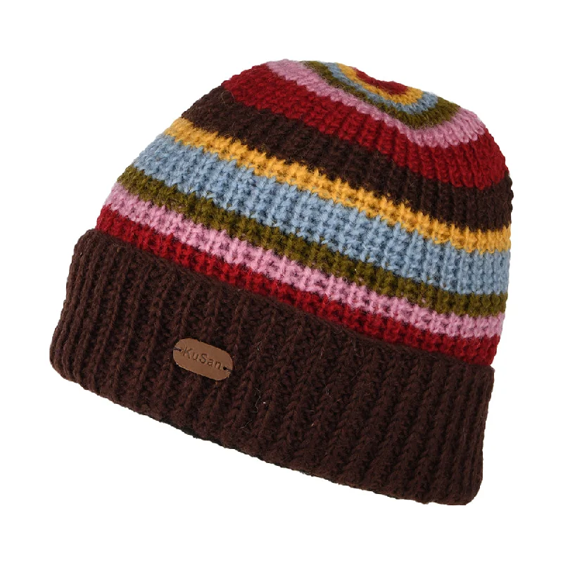 Kusan Cardi Rib Turn up Beanie Hat - Brown-Red-Blue