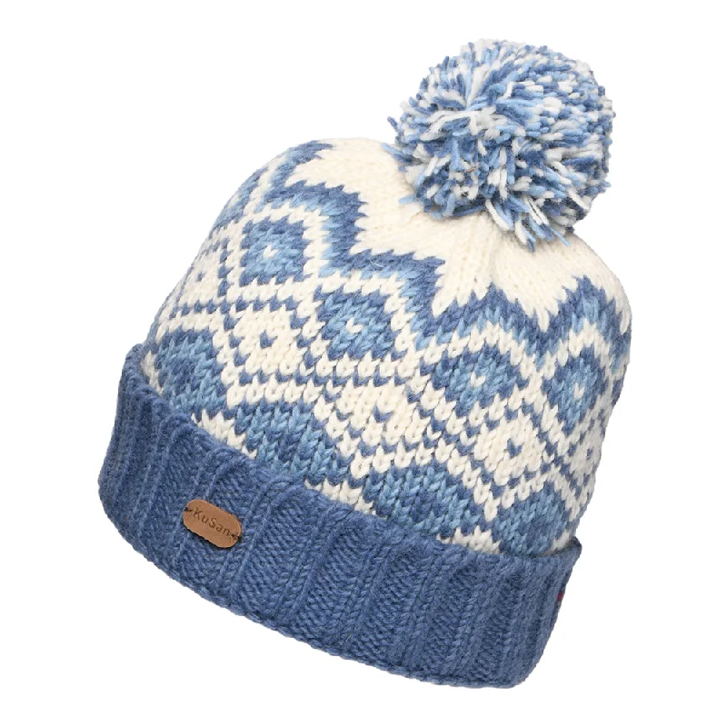 Kusan Diamond Turn Up Bobble Hat - Blue-Cream