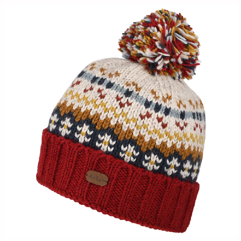 Kusan Mosaic Fair Isle Bobble Hat - Red-Mustard-Cream