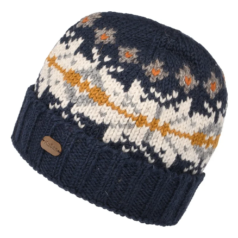 Kusan Snowflake Turn Up Beanie Hat - Navy-Cream