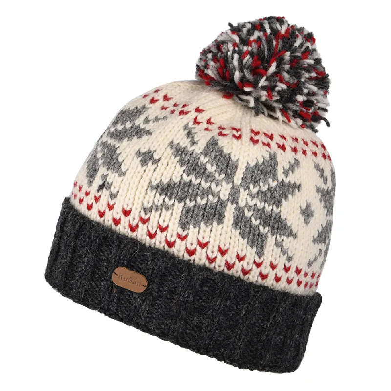 Kusan Snowflake Turn Up Bobble Hat - White-Grey