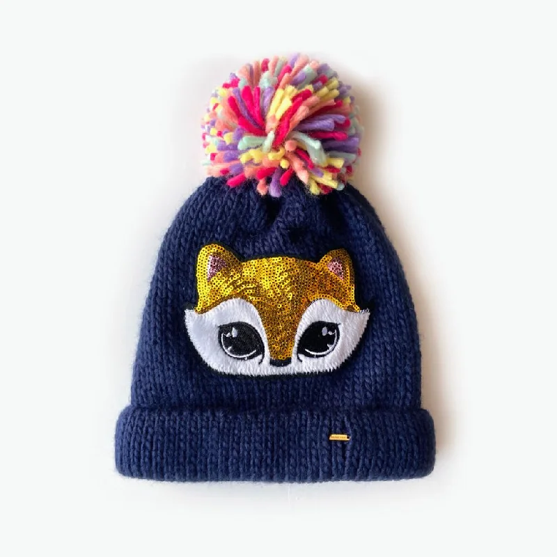 Poppy Sequinned Fox Kids Beanie - Navy (Age 6-12)